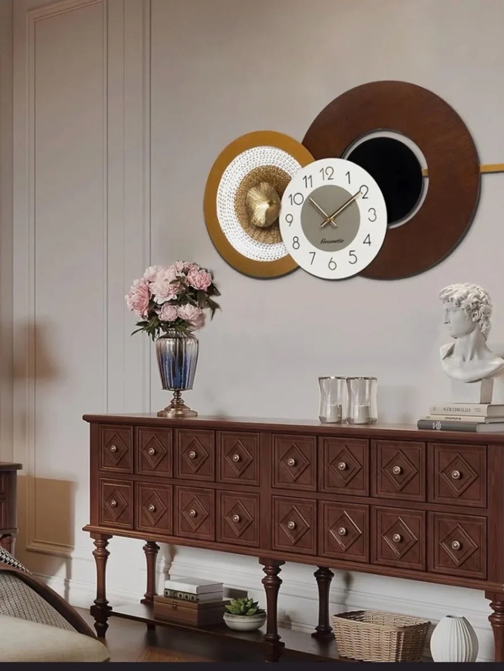 Modern Large Wall Clock Quartz Mechanism,Metal & Wood Design, Battery Operated